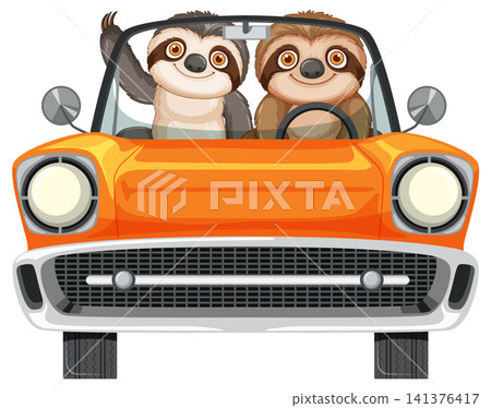 Two Sloths Driving Orange Convertible Car Front View Two Sloths Driving Orange Convertible Car Front View 141376417