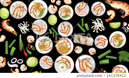 Thai Cuisine Vector Pattern with Shrimp and Rice Dishes Thai Cuisine Vector Pattern with Shrimp and Rice Dishes 141376422