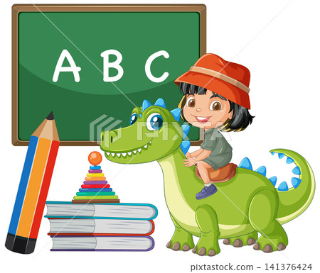Cartoon Girl Riding a Dinosaur with School Supplies and Chalkboard Cartoon Girl Riding a Dinosaur with School Supplies and Chalkboard 141376424
