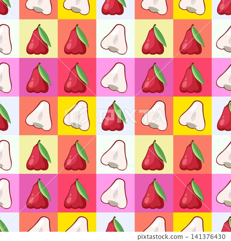 Seamless Vector Pattern of Red Water Apple Fruit on Checkered Background 141376430