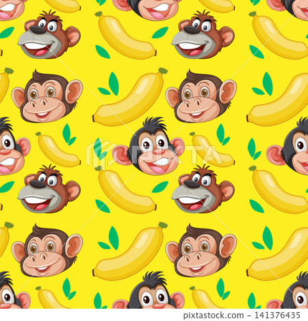 Seamless Vector Pattern with Cartoon Monkey Faces and Yellow Bananas Seamless Vector Pattern with Cartoon Monkey Faces and Yellow Bananas 141376435