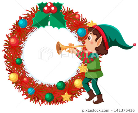 Christmas Elf Playing Trumpet Next to Red Tinsel Wreath Frame Christmas Elf Playing Trumpet Next to Red Tinsel Wreath Frame 141376436
