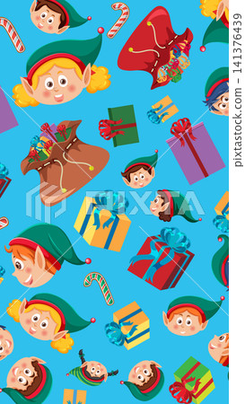 Cartoon Christmas Pattern with Elves Gift Boxes and Holiday Sacks Cartoon Christmas Pattern with Elves Gift Boxes and Holiday Sacks 141376439