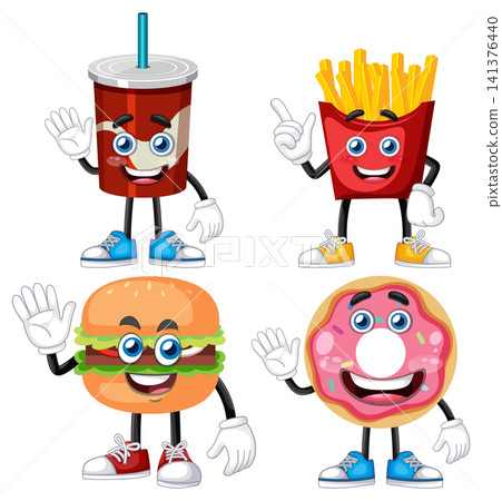 Cartoon Fast Food Characters with Happy Expressions Cartoon Fast Food Characters with Happy Expressions 141376440