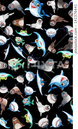 Cartoon Marine Life Pattern with Dolphins Sharks and Seals Cartoon Marine Life Pattern with Dolphins Sharks and Seals 141376441