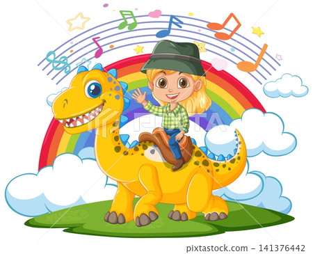 Cartoon Girl Riding a Yellow Dinosaur Under a Colorful Rainbow 141376442