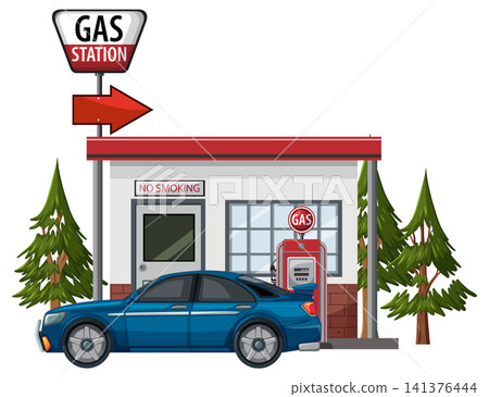 Blue Sedan Refueling at Roadside Gas Station Illustration 141376444