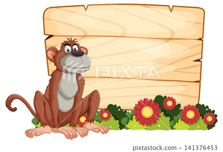 Cartoon Monkey Sitting Beside Wooden Sign in Garden Cartoon Monkey Sitting Beside Wooden Sign in Garden 141376453