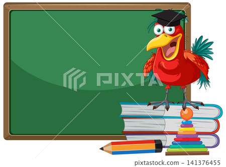 Cartoon Red Bird Graduate Standing on Books Next to Blank Chalkboard Cartoon Red Bird Graduate Standing on Books Next to Blank Chalkboard 141376455
