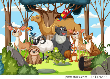 Group of Cartoon Forest and Jungle Animals in Nature Group of Cartoon Forest and Jungle Animals in Nature 141376456