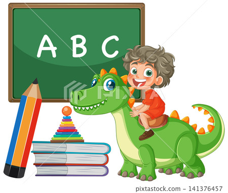 Cartoon Boy Riding Green Dinosaur with School Supplies and Chalkboard Cartoon Boy Riding Green Dinosaur with School Supplies and Chalkboard 141376457