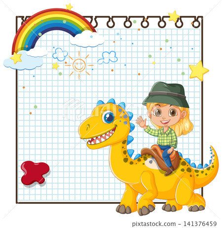 Cartoon Girl Riding Yellow Dinosaur on Grid Paper Background with Rainbow Cartoon Girl Riding Yellow Dinosaur on Grid Paper Background with Rainbow 141376459