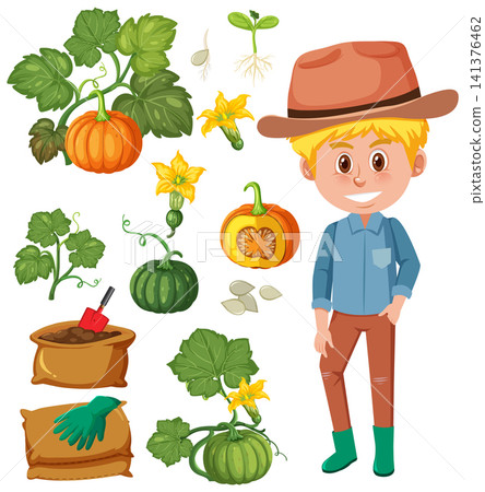 Young Boy Farmer with Pumpkin Life Cycle and Gardening Tools Young Boy Farmer with Pumpkin Life Cycle and Gardening Tools 141376462