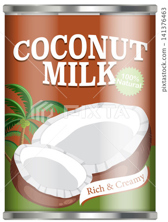 Canned Coconut Milk Vector Illustration with Tropical Palm Tree Label Design Canned Coconut Milk Vector Illustration with Tropical Palm Tree Label Design 141376463