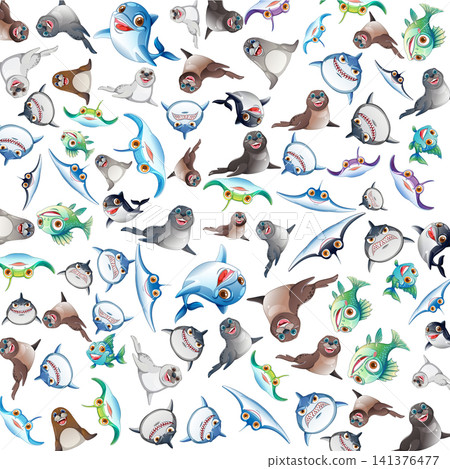 Cartoon Marine Life Pattern with Sharks Dolphins Seals and Stingrays Cartoon Marine Life Pattern with Sharks Dolphins Seals and Stingrays 141376477