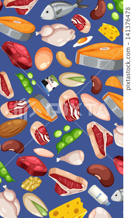Vector Illustration Pattern of High Protein Foods on Blue Background Vector Illustration Pattern of High Protein Foods on Blue Background 141376478