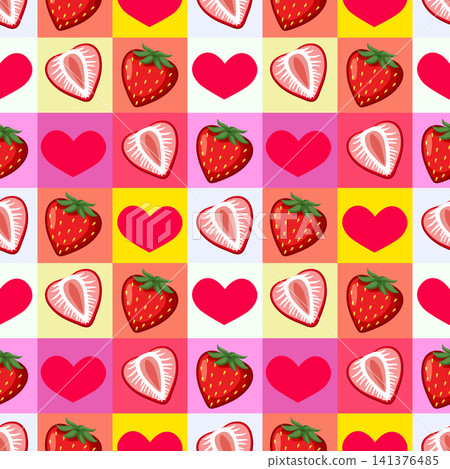 Seamless Vector Pattern with Strawberries and Hearts on Checkered Background Seamless Vector Pattern with Strawberries and Hearts on Checkered Background 141376485
