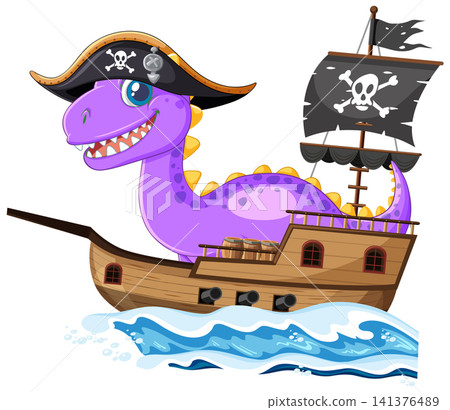 Cartoon Purple Dinosaur Wearing Pirate Hat on a Wooden Sailing Ship 141376489