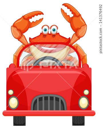 Cartoon Crab Driving a Red Convertible Car Cartoon Crab Driving a Red Convertible Car 141376492