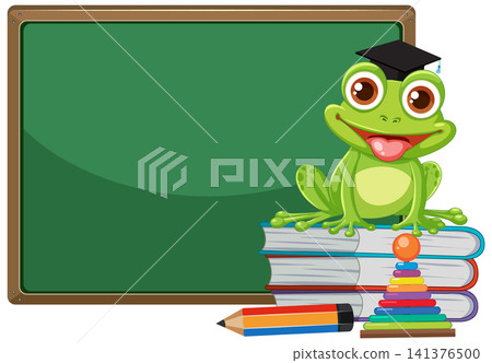 Cartoon Frog Wearing Graduation Cap Sitting on Books Beside Chalkboard Cartoon Frog Wearing Graduation Cap Sitting on Books Beside Chalkboard 141376500