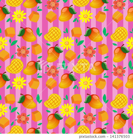Seamless Vector Pattern with Mangoes and Flowers on Pink Stripes Seamless Vector Pattern with Mangoes and Flowers on Pink Stripes 141376503