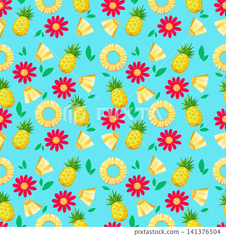 Seamless Tropical Pattern with Pineapples and Red Flowers on Blue 141376504