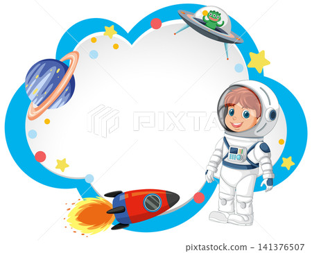 Cartoon Outer Space Border with Astronaut Boy and Rocket Ship 141376507