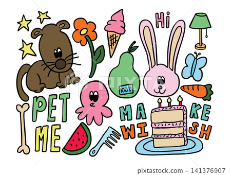 Vector illustrations of kid drawing elements such as brown puppy, pink bunny, ice cream cone, flower and green leaf, pear, octopus, birthday cake, comb, watermelon slice, dog bone, carrot, butterfly Vector illustrations of kid drawing elements such as brown puppy, pink bunny, ice cream cone, flower and green leaf, pear, octopus, birthday cake, comb, watermelon slice, dog bone, carrot, butterfly 141376907