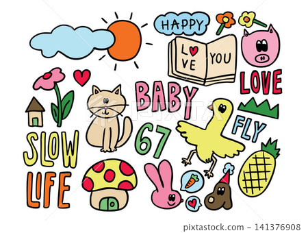 Vector illustrations of kid drawing elements such as sun and cloud, pink flower and green leaf, mushroom home, yellow duck, notebook, pig, cat, pineapple, green grass, pink bunny, brown puppy, life Vector illustrations of kid drawing elements such as sun and cloud, pink flower and green leaf, mushroom home, yellow duck, notebook, pig, cat, pineapple, green grass, pink bunny, brown puppy, life 141376908
