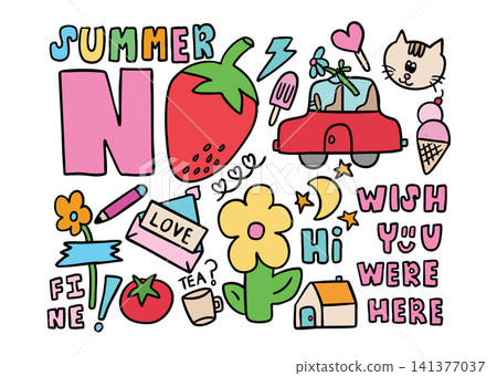 Vector illustration of kid drawing elements such as SUMMER letters, red car, heart candy, ice cream, thunder storm, flower and green leaf, pencil, love envelope, tomato, house, wish you were here Vector illustration of kid drawing elements such as SUMMER letters, red car, heart candy, ice cream, thunder storm, flower and green leaf, pencil, love envelope, tomato, house, wish you were here 141377037