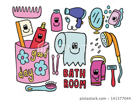 Hand drawn vector illustrations of bathroom elements such as hair comb, toothbrush and toothpaste in cup, tissue paper, hair dryer, table mirror, shampoo bottle, soap, shower, towel, cotton buds Hand drawn vector illustrations of bathroom elements such as hair comb, toothbrush and toothpaste in cup, tissue paper, hair dryer, table mirror, shampoo bottle, soap, shower, towel, cotton buds 141377044