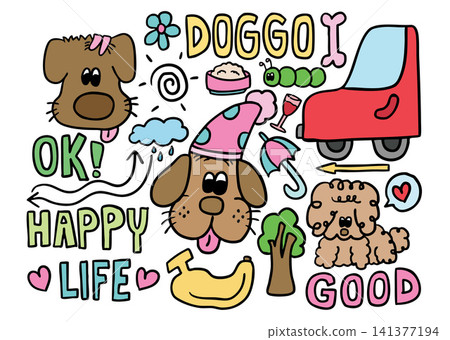 Vector illustrations of kid drawing elements such as brown puppy, red car, dog rice bowl, flowers, bone, tree, banana, cloud and rain, umbrella, HAPPY LIFE letters, worm, champagne glass, arrow, sun Vector illustrations of kid drawing elements such as brown puppy, red car, dog rice bowl, flowers, bone, tree, banana, cloud and rain, umbrella, HAPPY LIFE letters, worm, champagne glass, arrow, sun 141377194