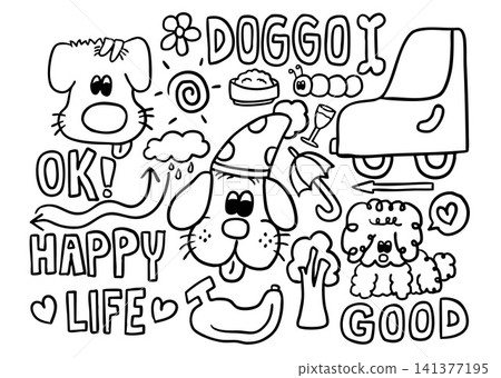 Vector outlines of kid drawing elements such as puppy, car, dog rice bowl, flowers, bone, tree, banana, cloud and rain, umbrella, HAPPY LIFE letter, worm, champagne glass, arrow for kid colouring book Vector outlines of kid drawing elements such as puppy, car, dog rice bowl, flowers, bone, tree, banana, cloud and rain, umbrella, HAPPY LIFE letter, worm, champagne glass, arrow for kid colouring book 141377195