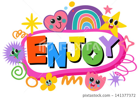 Colorful Retro Y2K Style Enjoy Typography with Playful Cartoon Characters Colorful Retro Y2K Style Enjoy Typography with Playful Cartoon Characters 141377372