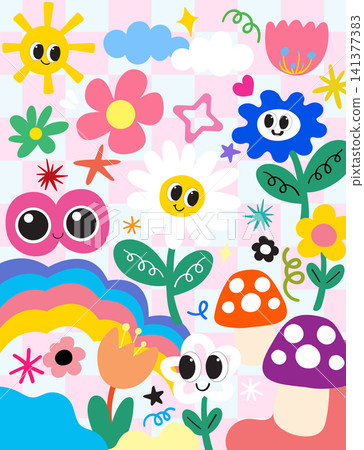 Colorful Retro Vector Illustration with Playful Cartoon Flowers and Sun Colorful Retro Vector Illustration with Playful Cartoon Flowers and Sun 141377383