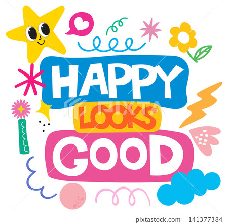 Colorful Retro Typography Illustration with Playful Kids Sticker Elements Colorful Retro Typography Illustration with Playful Kids Sticker Elements 141377384