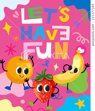 Colorful Retro Vector Illustration with Playful Fruit Characters and Typography Colorful Retro Vector Illustration with Playful Fruit Characters and Typography 141377385