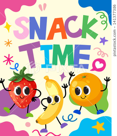 Colorful Retro Vector Illustration of Playful Fruit Characters with Snack Time Text Colorful Retro Vector Illustration of Playful Fruit Characters with Snack Time Text 141377386