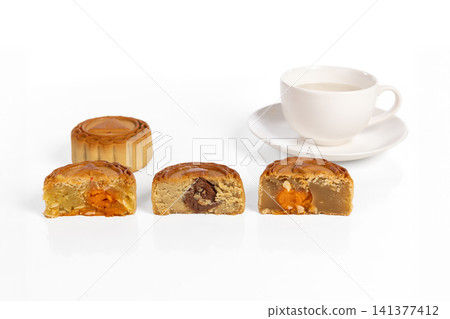 Traditional Mooncakes for Mid-Autumn Festival Celebration on White Background. Traditional Mooncakes for Mid-Autumn Festival Celebration on White Background. 141377412