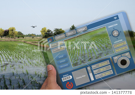 A hand holding a drone control device for agricultural. 141377778