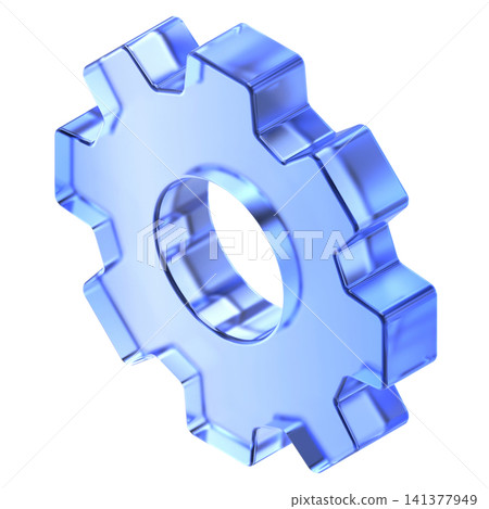 Glassmorphism gear icon in isometric view featuring transparent blue glossy finish. Translucent industrial cog design element suited Glassmorphism gear icon in isometric view featuring transparent blue glossy finish. Translucent industrial cog design element suited 141377949