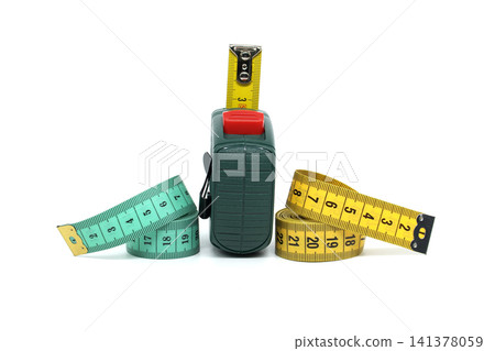 Tape Measure And Tailor Measuring Tapes On White Background For Construction And Sewing Tape Measure And Tailor Measuring Tapes On White Background For Construction And Sewing 141378059