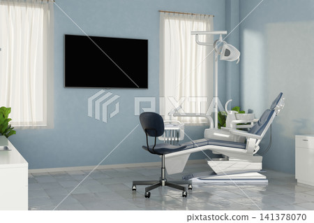 Clean dental clinic with blue chair and blank TV screen. Clean dental clinic with blue chair and blank TV screen. 141378070
