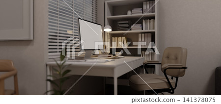 Cozy minimalist home office with white desk and computer screen. Cozy minimalist home office with white desk and computer screen. 141378075