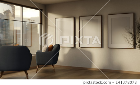 Minimalist living room with three blank poster mockup frames. Minimalist living room with three blank poster mockup frames. 141378078