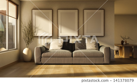 Elegant grey sofa with three blank mockup frames on wall. Elegant grey sofa with three blank mockup frames on wall. 141378079
