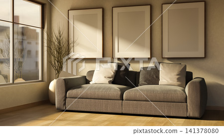 Cozy living room featuring grey sofa and empty picture frames. Cozy living room featuring grey sofa and empty picture frames. 141378080