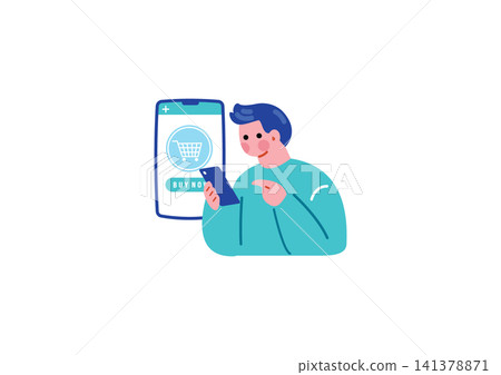 圖解：一名男子正在用智慧型手機購物 141378871