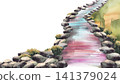 Winding river or Eastern stream bordered by grey stones. Hand drawn watercolor. Japanese garden style creek with blue, pink reflections. Isolated from background illustration for zen, spa and wellness 141379024