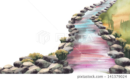 Winding river or Eastern stream bordered by grey stones. Hand drawn watercolor. Japanese garden style creek with blue, pink reflections. Isolated from background illustration for zen, spa and wellness 141379024